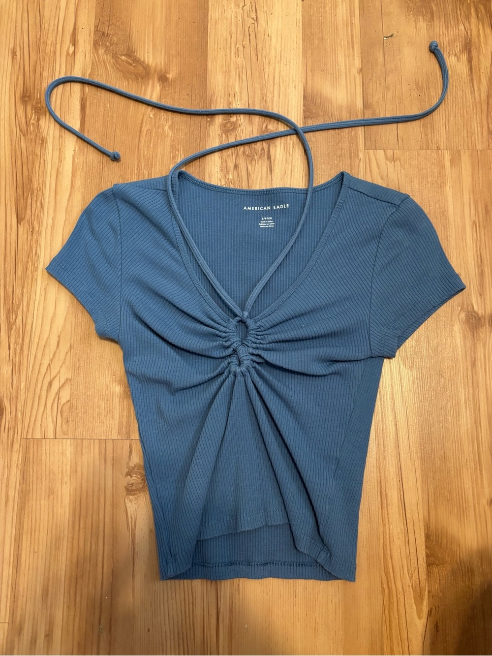 American Eagle Outfitters Blue Ribbed Tie-Front V-Neck Crop Top small